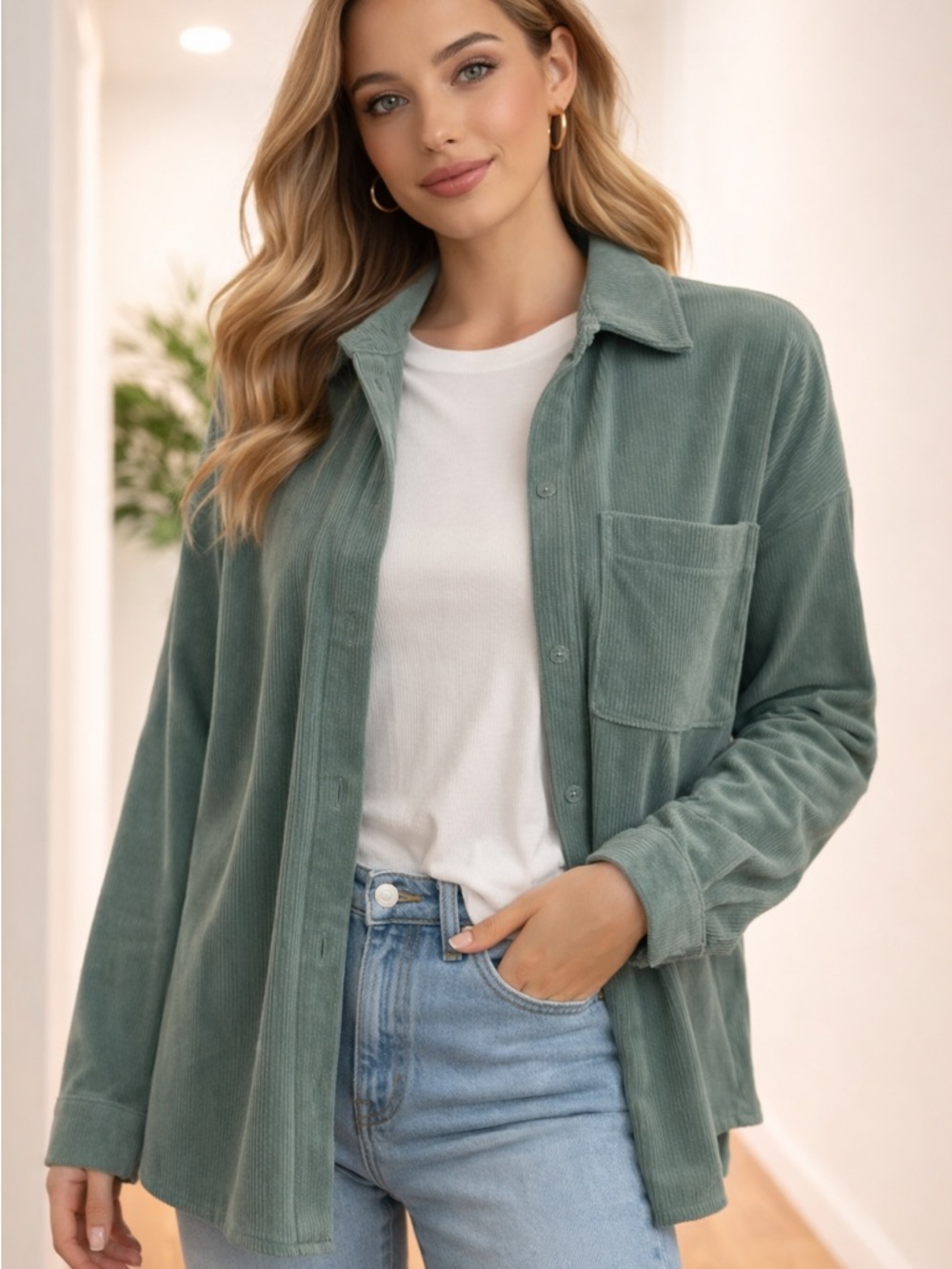 Sage Green Corduroy Button-Up Shacket